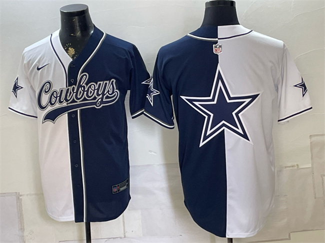 Men's Dallas Cowboys Team Big Logo White Navy Split Stitched Jersey 002