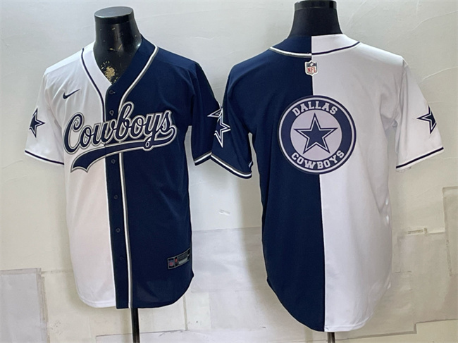 Men's Dallas Cowboys Team Big Logo White Navy Split Stitched Jersey 001