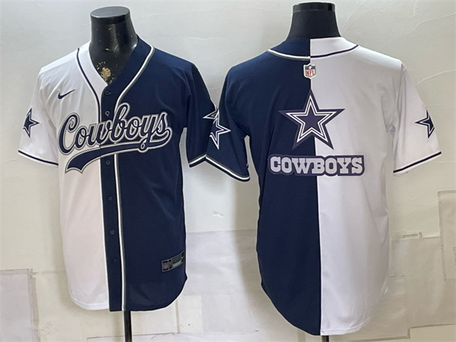 Men's Dallas Cowboys Team Big Logo White Navy Split Stitched Jersey