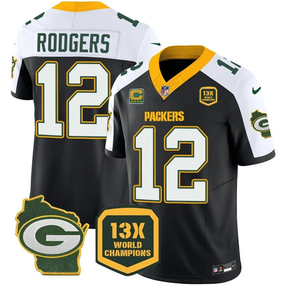 Men's Green Bay Packers #12 Aaron Rodgers Black White 2023 F.U.S.E. Home Patch With 4-Star C Patch 13 Time World Champions Vapor Untouchable Limited Stitched Football Jersey Men's Green Bay Packers #12 Aaron Rodgers Black White 2023 F.U.S.E. Home Patch With 4-Star C Patch 13 Time World Champions Vapor Untouchable Limited Stitched Football Jersey