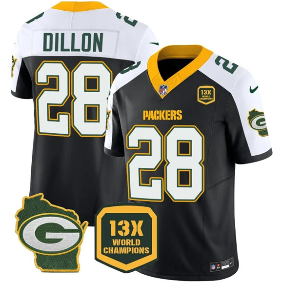 Men's Green Bay Packers #28 AJ Dillon Black White 2023 F.U.S.E. Home Patch 13 Time World Champions Vapor Untouchable Limited Stitched Football Jersey Men's Green Bay Packers #28 AJ Dillon Black White 2023 F.U.S.E. Home Patch 13 Time World Champions Vapor Untouchable Limited Stitched Football Jersey