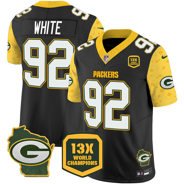 Men's Green Bay Packers #92 Reggie White Cheese Black 2024 F.U.S.E. 13 Time World Champions And Home Patch Vapor Untouchable Limited Stitched Football Jersey Men's Green Bay Packers #92 Reggie White Cheese Black 2024 F.U.S.E. 13 Time World Champions And Home Patch Vapor Untouchable Limited Stitched Football Jersey