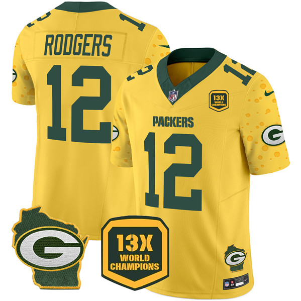 Men's Green Bay Packers #12 Aaron Rodgers Cheese Gold 2024 F.U.S.E. 13 Time World Champions And Home Patch Vapor Untouchable Limited Stitched Football Jersey Men's Green Bay Packers #12 Aaron Rodgers Cheese Gold 2024 F.U.S.E. 13 Time World Champions And Home Patch Vapor Untouchable Limited Stitched Football Jersey