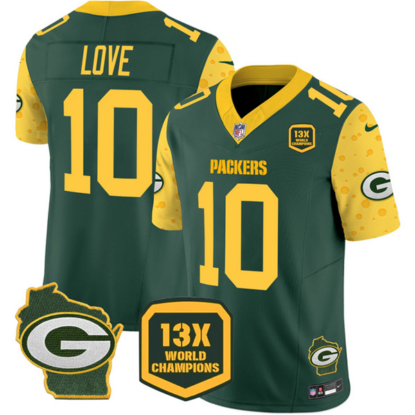 Men's Green Bay Packers #10 Jordan Love Cheese Green 2024 F.U.S.E. 13 Time World Champions And Home Patch Vapor Untouchable Limited Stitched Football Jersey Men's Green Bay Packers #10 Jordan Love Cheese Green 2024 F.U.S.E. 13 Time World Champions And Home Patch Vapor Untouchable Limited Stitched Football Jersey