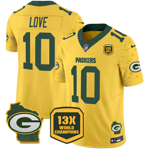 Men's Green Bay Packers #10 Jordan Love Cheese Gold 2024 F.U.S.E. 13 Time World Champions And Home Patch Vapor Untouchable Limited Stitched Football Jersey Men's Green Bay Packers #10 Jordan Love Cheese Gold 2024 F.U.S.E. 13 Time World Champions And Home Patch Vapor Untouchable Limited Stitched Football Jersey