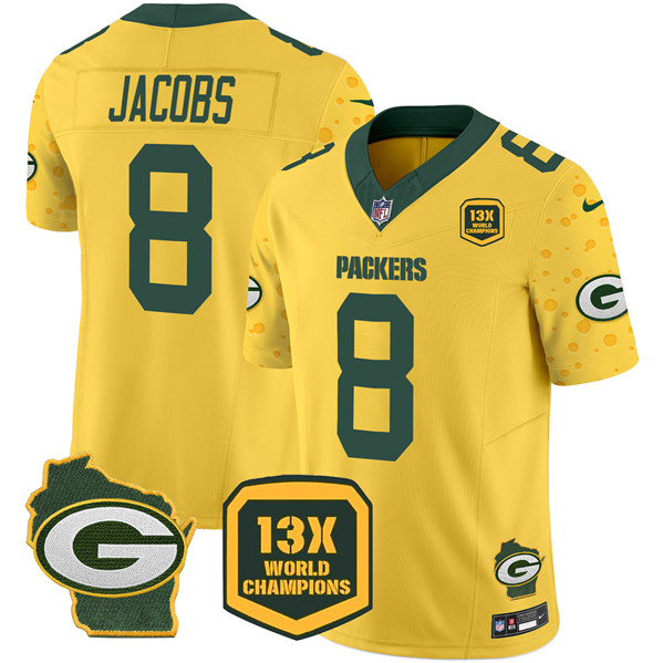 Men's Green Bay Packers #8 Josh Jacobs Cheese Gold 2024 F.U.S.E. 13 Time World Champions And Home Patch Vapor Untouchable Limited Stitched Football Jersey Men's Green Bay Packers #8 Josh Jacobs Cheese Gold 2024 F.U.S.E. 13 Time World Champions And Home Patch Vapor Untouchable Limited Stitched Football Jersey