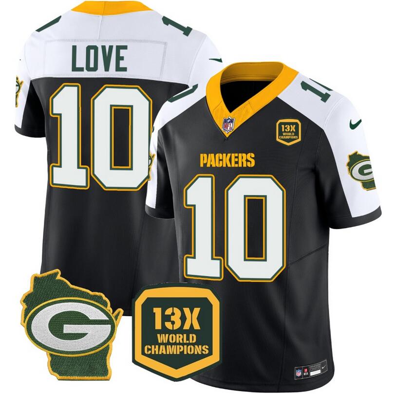 Men's Green Bay Packers #10 Jordan Love Black White 2023 F.U.S.E. Home Patch 13 Time World Champions Vapor Untouchable Limited Stitched Jersey Men's Green Bay Packers #10 Jordan Love Black White 2023 F.U.S.E. Home Patch 13 Time World Champions Vapor Untouchable Limited Stitched Jersey