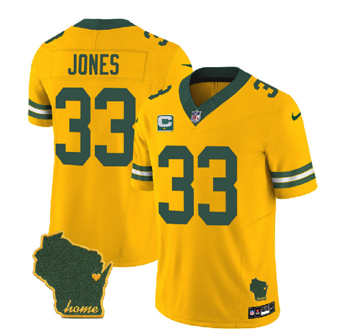 Men's Green Bay Packers #33 Aaron Jones Gold 2023 F.U.S.E. Home Patch And 1-Star C Patch Vapor Untouchable Limited Stitched Jersey Men's Green Bay Packers #33 Aaron Jones Gold 2023 F.U.S.E. Home Patch And 1-Star C Patch Vapor Untouchable Limited Stitched Jersey