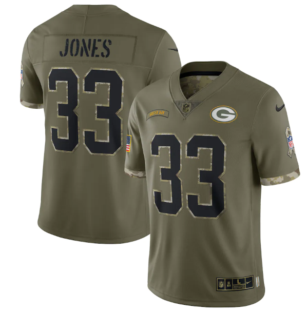 Men's Green Bay Packers #33 Aaron Jones Olive 2022 Salute To Service Limited Stitched Jersey Men's Green Bay Packers #33 Aaron Jones Olive 2022 Salute To Service Limited Stitched Jersey
