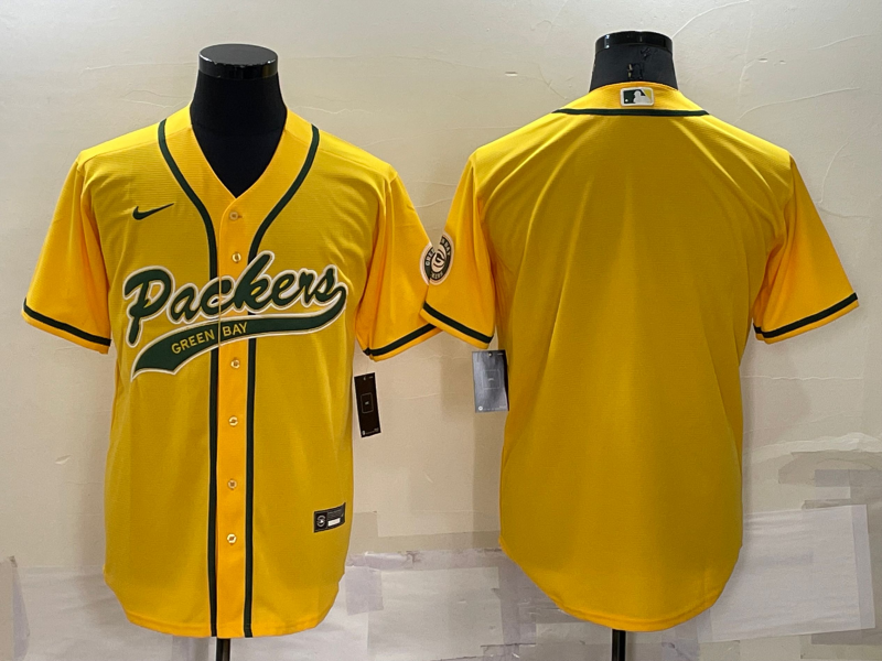 Men's Green Bay Packers Blank Yellow Cool Base Stitched Baseball Jersey Men's Green Bay Packers Blank Yellow Cool Base Stitched Baseball Jersey