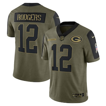 Men's Green Bay Packers #12 Aaron Rodgers Nike Olive 2021 Salute To Service Limited Player Jersey Men's Green Bay Packers #12 Aaron Rodgers Nike Olive 2021 Salute To Service Limited Player Jersey