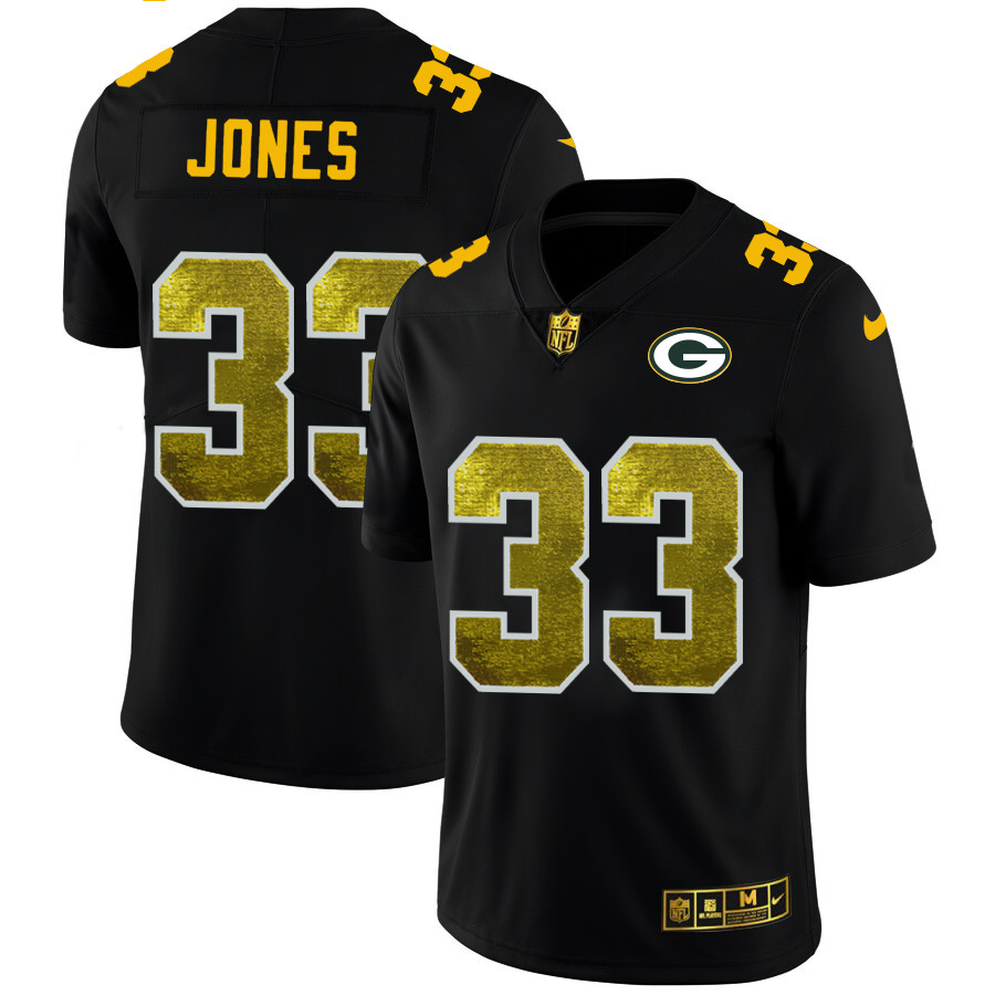 Green Bay Packers #33 Aaron Jones Men's Black Nike Golden Sequin Vapor Limited NFL Jersey Green Bay Packers #33 Aaron Jones Men's Black Nike Golden Sequin Vapor Limited NFL Jersey