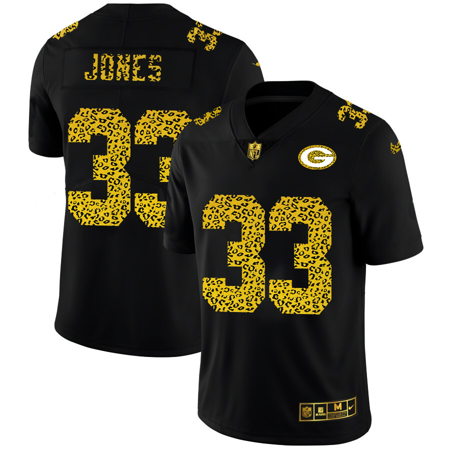 Green Bay Packers #33 Aaron Jones Men's Nike Leopard Print Fashion Vapor Limited NFL Jersey Black Green Bay Packers #33 Aaron Jones Men's Nike Leopard Print Fashion Vapor Limited NFL Jersey Black