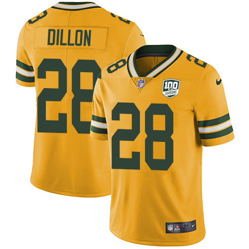 Nike Packers #28 AJ Dillon Yellow Men's 100th Season Stitched NFL Limited Rush Jersey Nike Packers #28 AJ Dillon Yellow Men's 100th Season Stitched NFL Limited Rush Jersey