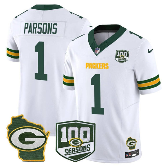 Men's Green Bay Packers #1 Micah Parsons White 2026 F.U.S.E. 100th Season & Home Patch Stitched Football Jersey