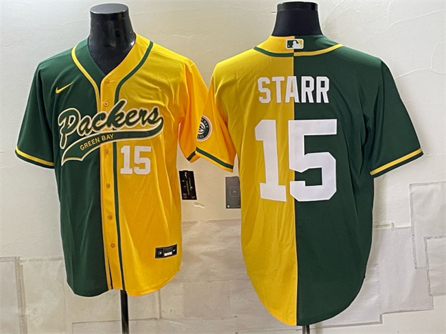 Men's Green Bay Packers #15 Bart Starr Green Gold Split Cool Base Stitched Baseball Jersey Men's Green Bay Packers #15 Bart Starr Green Gold Split Cool Base Stitched Baseball Jersey