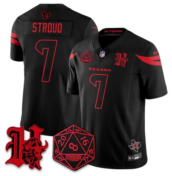 Men's Houston Texans #7 C.J. Stroud Black F.U.S.E. 'Stranger Things Edition' Vapor Limited Stitched Football Jersey Men's Houston Texans #7 C.J. Stroud Black F.U.S.E. 'Stranger Things Edition' Vapor Limited Stitched Football Jersey
