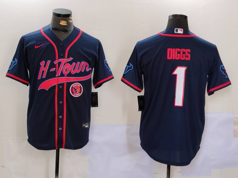 Men's Houston Texans #1 Stefon Diggs Navy With Patch Cool Base Stitched Baseball Jersey 1 Men's Houston Texans #1 Stefon Diggs Navy With Patch Cool Base Stitched Baseball Jersey 1