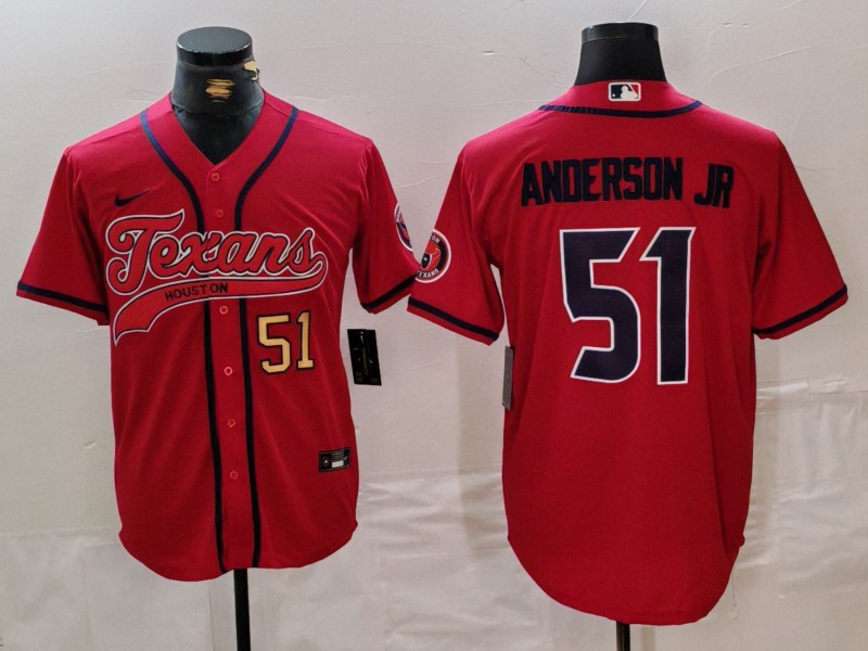 Men's Houston Texans #51 Will Anderson Jr. Red With Patch Cool Base Stitched Baseball Jersey 2 Men's Houston Texans #51 Will Anderson Jr. Red With Patch Cool Base Stitched Baseball Jersey 2