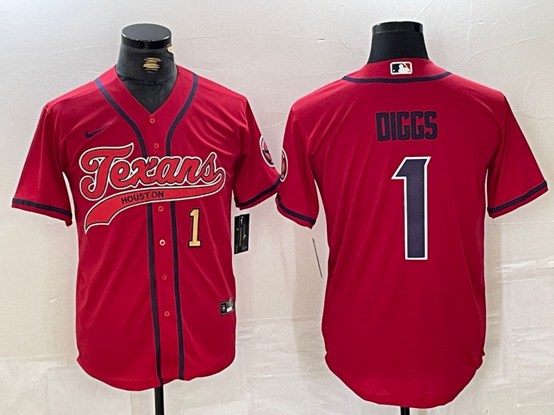 Men's Houston Texans #1 Stefon Diggs Red With Patch Cool Base Stitched Baseball Jersey 2 Men's Houston Texans #1 Stefon Diggs Red With Patch Cool Base Stitched Baseball Jersey 2