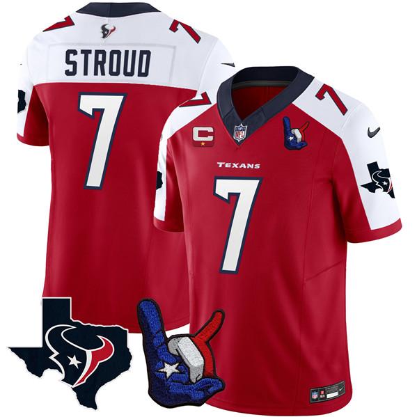 Men's Houston Texans #7 C.J. Stroud Red White 2023 F.U.S.E. With 1-Star C And Hand Sign Throwing Up The H Patch Vapor Untouchable Limited Stitched Football Jersey Men's Houston Texans #7 C.J. Stroud Red White 2023 F.U.S.E. With 1-Star C And Hand Sign Throwing Up The H Patch Vapor Untouchable Limited Stitched Football Jersey