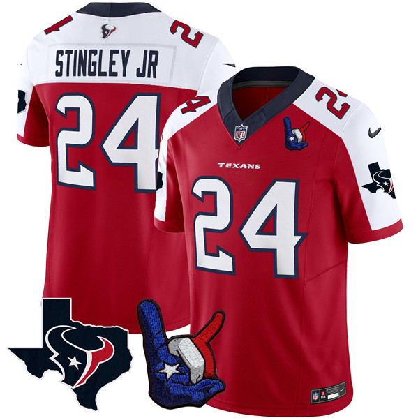 Men's Houston Texans #24 Derek Stingley Jr. Red White 2023 F.U.S.E. With Hand Sign Throwing Up The H Patch Vapor Untouchable Limited Stitched Football Jersey Men's Houston Texans #24 Derek Stingley Jr. Red White 2023 F.U.S.E. With Hand Sign Throwing Up The H Patch Vapor Untouchable Limited Stitched Football Jersey