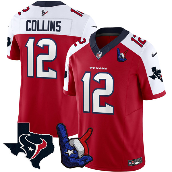 Men's Houston Texans #12 Nico Collins Red White 2023 F.U.S.E. With Hand Sign Throwing Up The H Patch Vapor Untouchable Limited Stitched Football Jersey Men's Houston Texans #12 Nico Collins Red White 2023 F.U.S.E. With Hand Sign Throwing Up The H Patch Vapor Untouchable Limited Stitched Football Jersey