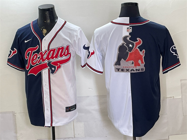 Men's Houston Texans Team Big Logo Navy White Split With Patch Cool Base Stitched Baseball Jersey