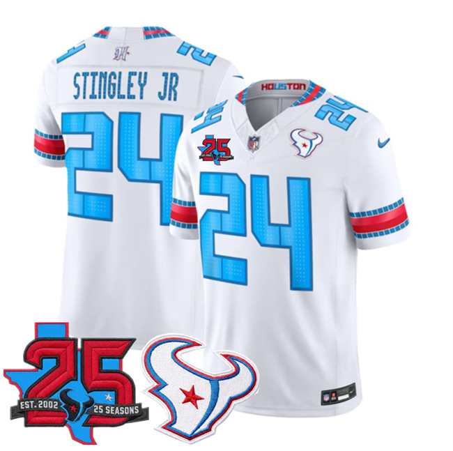 Men's Houston Texans #24 Derek Stingley Jr. White 2026 25th Anniversary Patch F.U.S.E. 'HOUSTON US' Rivalries Collection Limited Stitched Football Jersey Men's Houston Texans #24 Derek Stingley Jr. White 2026 25th Anniversary Patch F.U.S.E. 'HOUSTON US' Rivalries Collection Limited Stitched Football Jersey