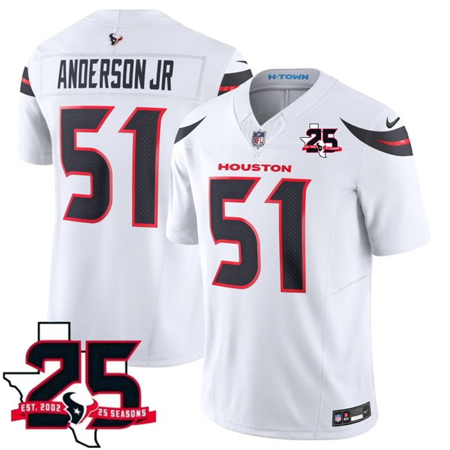 Men's Houston Texans #51 Will Anderson Jr. White 2026 25th Anniversary Patch F.U.S.E. Vapor Limited Stitched Football Jersey Men's Houston Texans #51 Will Anderson Jr. White 2026 25th Anniversary Patch F.U.S.E. Vapor Limited Stitched Football Jersey