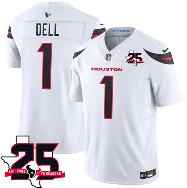 Men's Houston Texans #1 Tank Dell White 2026 25th Anniversary Patch F.U.S.E. Vapor Limited Stitched Football Jersey Men's Houston Texans #1 Tank Dell White 2026 25th Anniversary Patch F.U.S.E. Vapor Limited Stitched Football Jersey
