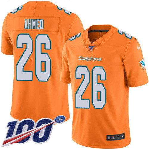 Nike Dolphins #26 Salvon Ahmed Orange Men's Stitched NFL Limited Rush 100th Season Jersey Nike Dolphins #26 Salvon Ahmed Orange Men's Stitched NFL Limited Rush 100th Season Jersey