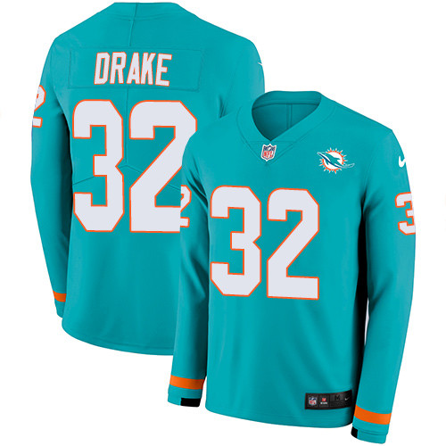 Nike Dolphins #32 Kenyan Drake Aqua Green Team Color Men's Stitched NFL Limited Therma Long Sleeve Jersey Nike Dolphins #32 Kenyan Drake Aqua Green Team Color Men's Stitched NFL Limited Therma Long Sleeve Jersey