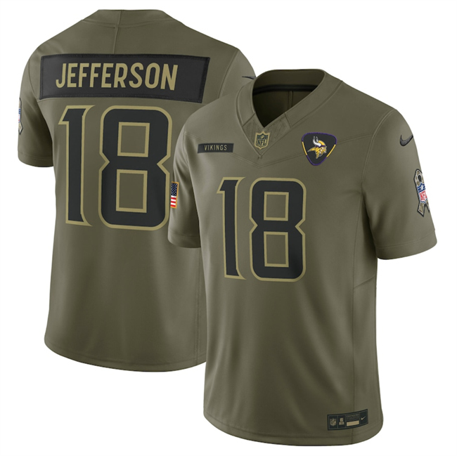 Men's Minnesota Vikings #18 Justin Jefferson Olive 2025 Salute to Service Limited Stitched Football Jersey Men's Minnesota Vikings #18 Justin Jefferson Olive 2025 Salute to Service Limited Stitched Football Jersey