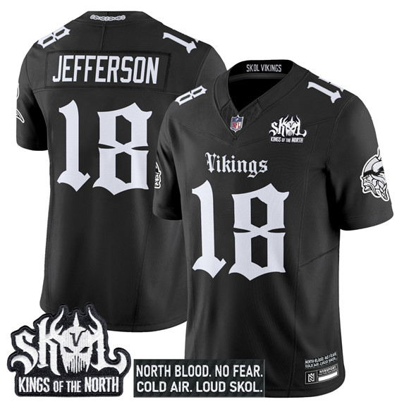 Men's Minnesota Vikings #18 Justin Jefferson Black 2025 F.U.S.E. Kings of the North Patch Gothic Norseblood Edition' Vapor Untouchable Limited Stitched Football Jersey Men's Minnesota Vikings #18 Justin Jefferson Black 2025 F.U.S.E. Kings of the North Patch Gothic Norseblood Edition' Vapor Untouchable Limited Stitched Football Jersey