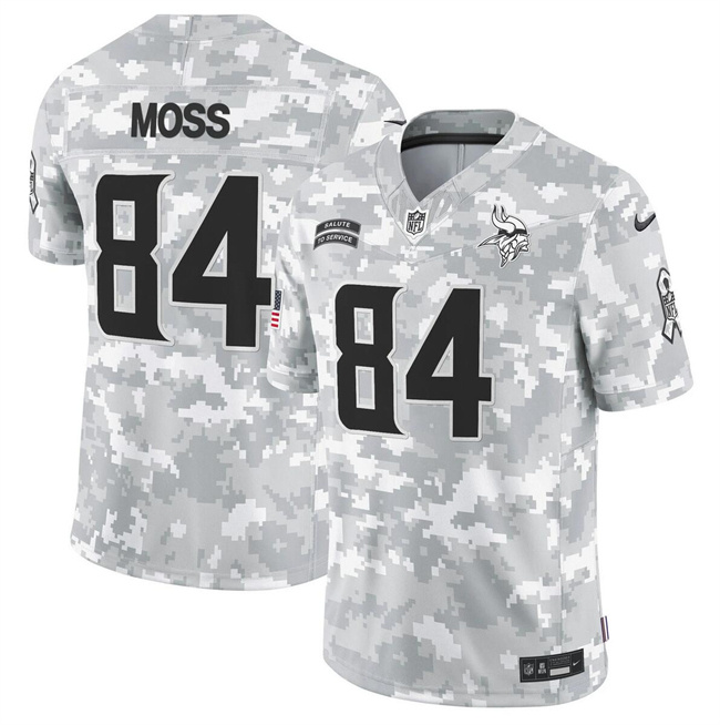 Men's Minnesota Vikings #84 Randy Moss 2024 F.U.S.E Arctic Camo Salute To Service Limited Stitched Football Jersey Men's Minnesota Vikings #84 Randy Moss 2024 F.U.S.E Arctic Camo Salute To Service Limited Stitched Football Jersey