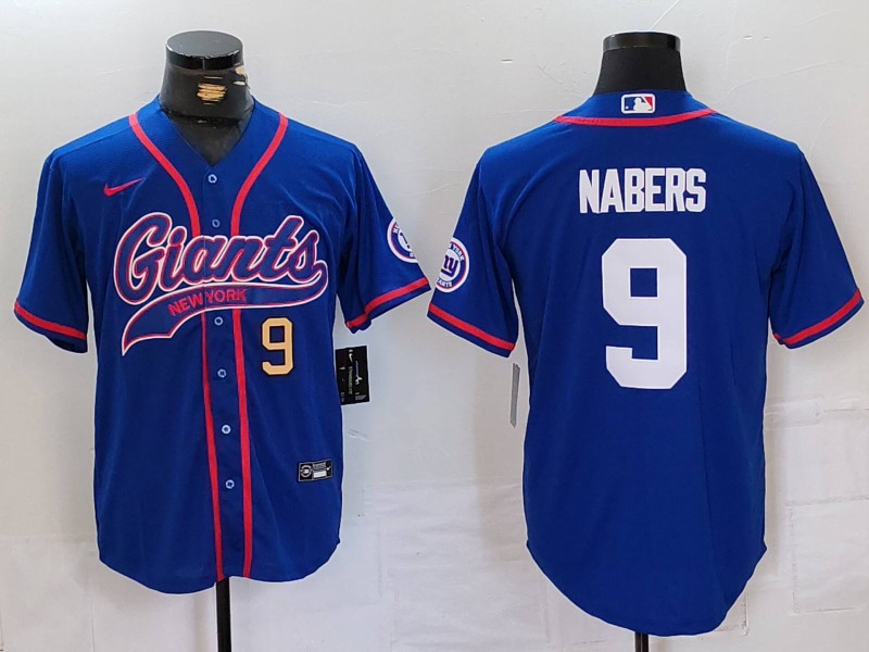 Men's New York Giants #9 Malik Nabers Royal With Patch Cool Base Stitched Baseball Jersey 2 Men's New York Giants #9 Malik Nabers Royal With Patch Cool Base Stitched Baseball Jersey 2
