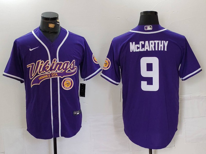 Men's Minnesota Vikings #9 J.J. McCarthy Purple Cool Base Stitched Baseball Jersey 2 Men's Minnesota Vikings #9 J.J. McCarthy Purple Cool Base Stitched Baseball Jersey 2
