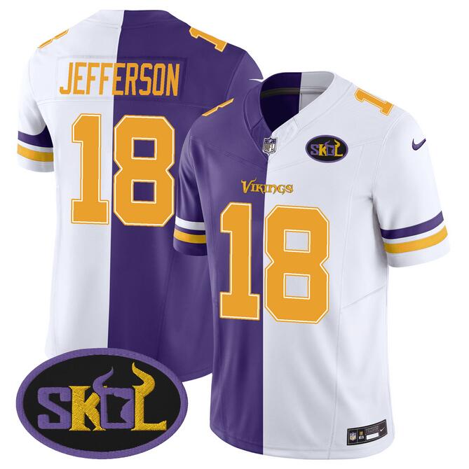 Men's Minnesota Vikings #18 Justin Jefferson Purple White Split F.U.S.E SKOL Patch Stitched Jersey Men's Minnesota Vikings #18 Justin Jefferson Purple White Split F.U.S.E SKOL Patch Stitched Jersey