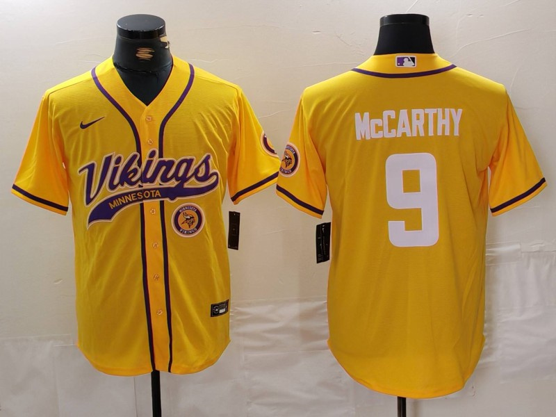 Men's Minnesota Vikings #9 J.J. McCarthy Yellow Cool Base Stitched Baseball Jersey 2 Men's Minnesota Vikings #9 J.J. McCarthy Yellow Cool Base Stitched Baseball Jersey 2