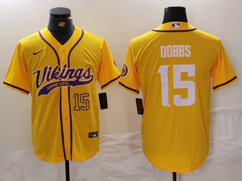 Men's Minnesota Vikings #15 Joshua Dobbs Yellow Cool Base Stitched Baseball Jersey 3 Men's Minnesota Vikings #15 Joshua Dobbs Yellow Cool Base Stitched Baseball Jersey 3