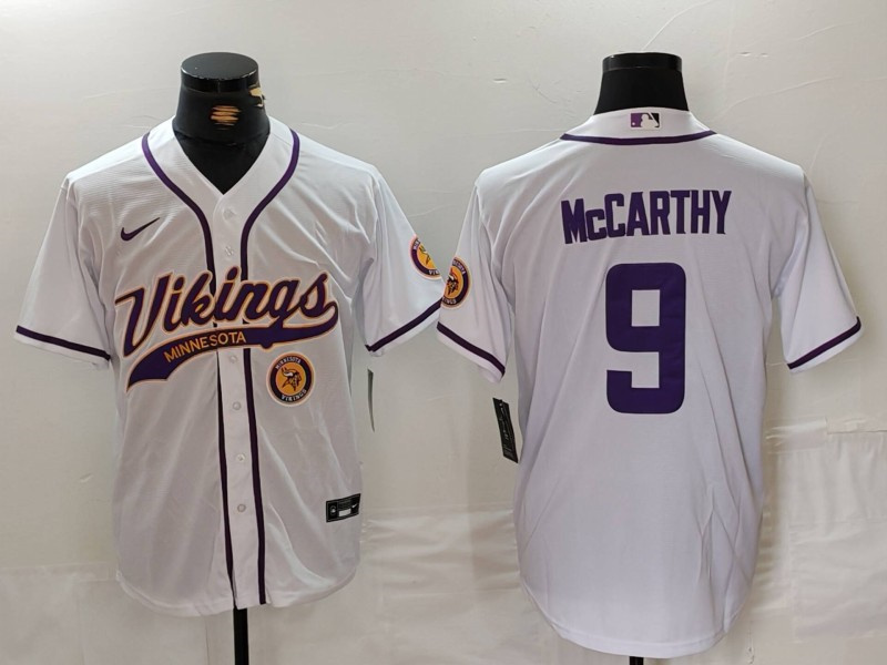 Men's Minnesota Vikings #9 J.J. McCarthy White Cool Base Stitched Baseball Jersey 1 Men's Minnesota Vikings #9 J.J. McCarthy White Cool Base Stitched Baseball Jersey 1