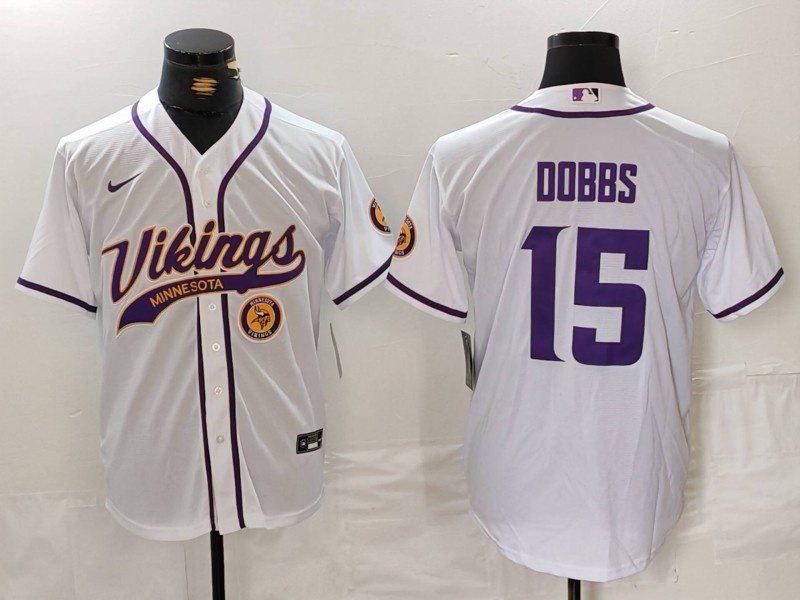 Men's Minnesota Vikings #15 Joshua Dobbs White Cool Base Stitched Baseball Jersey 2 Men's Minnesota Vikings #15 Joshua Dobbs White Cool Base Stitched Baseball Jersey 2