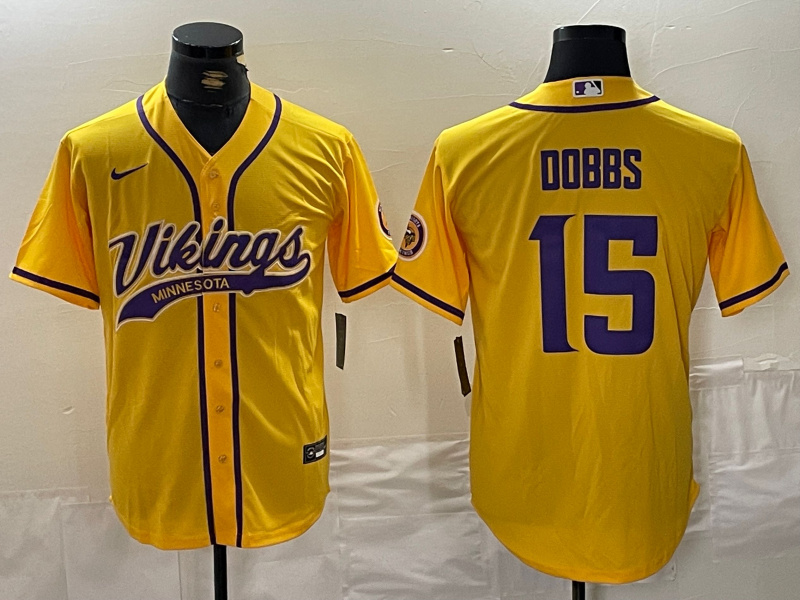 Men's Minnesota Vikings #15 Dallas Turner Yellow Cool Base Stitched Baseball Jersey 1 Men's Minnesota Vikings #15 Dallas Turner Yellow Cool Base Stitched Baseball Jersey 1