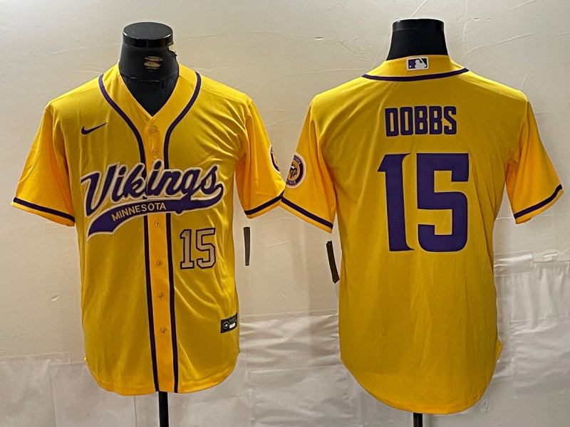 Men's Minnesota Vikings #15 Dallas Turner Yellow Cool Base Stitched Baseball Jersey Men's Minnesota Vikings #15 Dallas Turner Yellow Cool Base Stitched Baseball Jersey