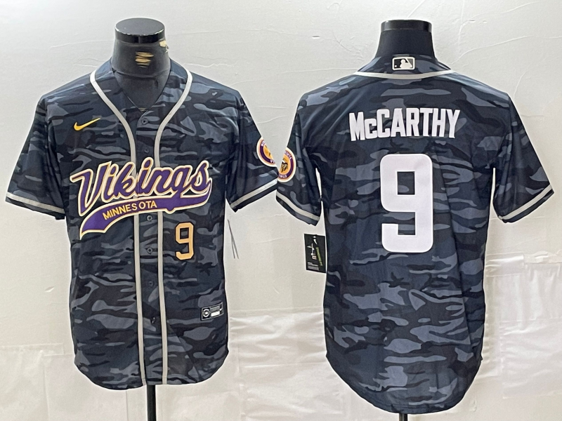 Men's Minnesota Vikings #9 J.J. McCarthy Grey Camo Cool Base Stitched Baseball Jersey 1 Men's Minnesota Vikings #9 J.J. McCarthy Grey Camo Cool Base Stitched Baseball Jersey 1