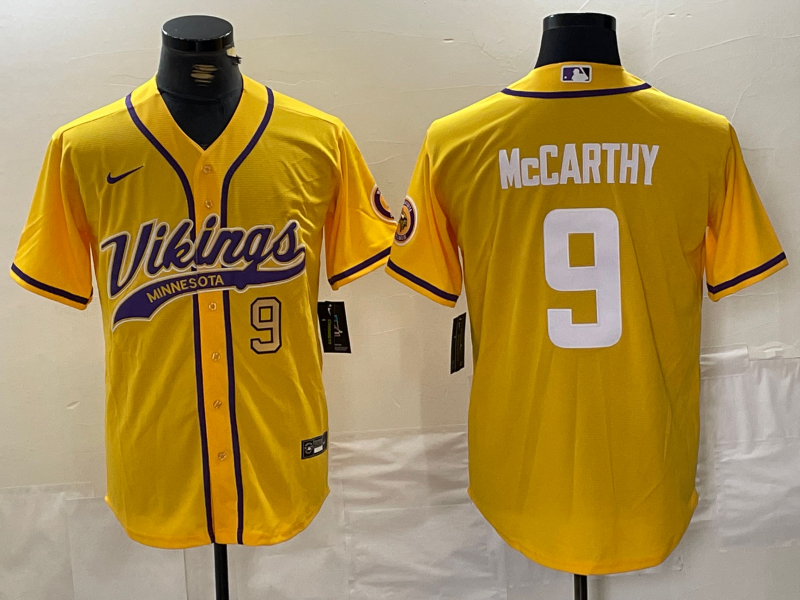 Men's Minnesota Vikings #9 J.J. McCarthy Yellow Cool Base Stitched Baseball Jersey 1 Men's Minnesota Vikings #9 J.J. McCarthy Yellow Cool Base Stitched Baseball Jersey 1