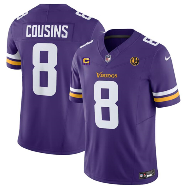 Men's Minnesota Vikings #8 Kirk Cousins Purple 2023 F.U.S.E. With 4-Star C Patch And John Madden Patch Vapor Limited Stitched Football Jersey Men's Minnesota Vikings #8 Kirk Cousins Purple 2023 F.U.S.E. With 4-Star C Patch And John Madden Patch Vapor Limited Stitched Football Jersey
