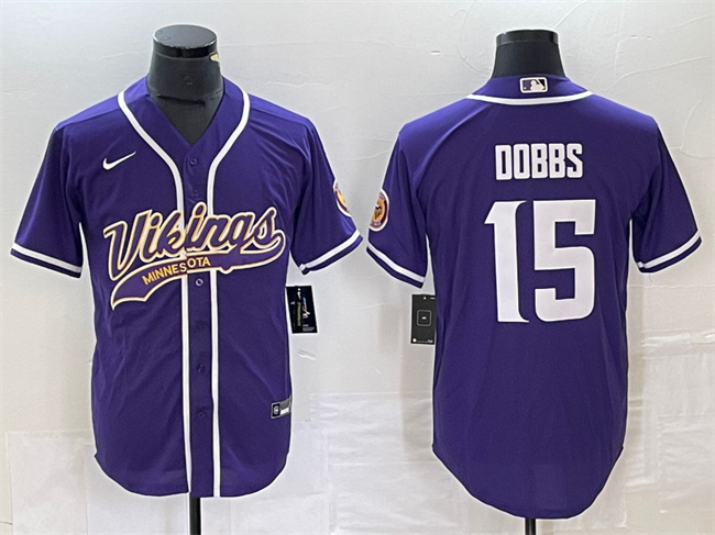 Men's Minnesota Vikings #15 Josh Dobbs Purple Cool Base Stitched Baseball Jersey Men's Minnesota Vikings #15 Josh Dobbs Purple Cool Base Stitched Baseball Jersey