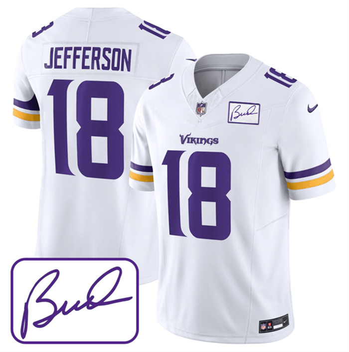Men's Minnesota Vikings #18 Justin Jefferson White 2023 F.U.S.E. Bud Grant Patch Limited Stitched Jersey Men's Minnesota Vikings #18 Justin Jefferson White 2023 F.U.S.E. Bud Grant Patch Limited Stitched Jersey